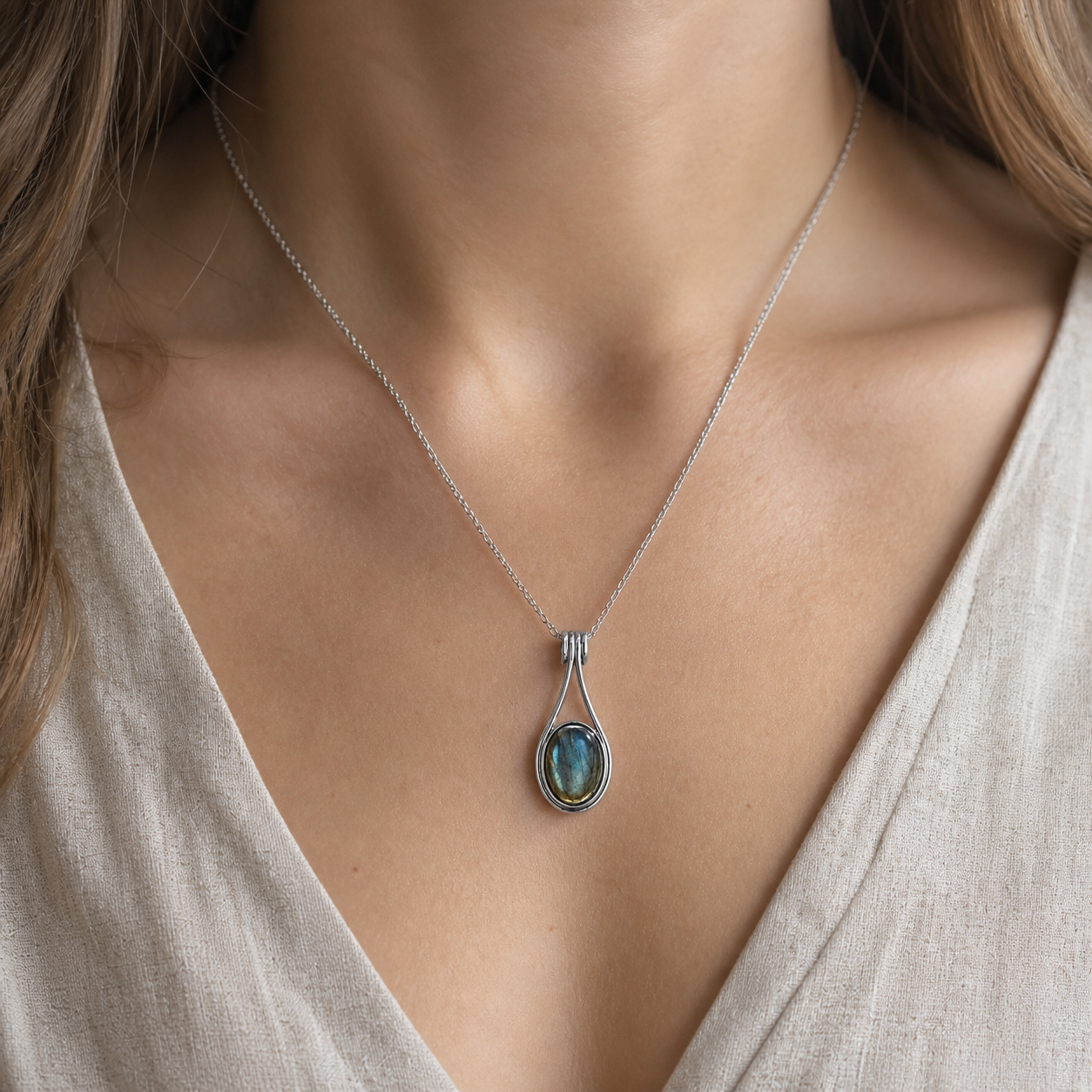 Pendentif Labradorite Bleue Ovale 10x14 mm, Argenté — bijou porté