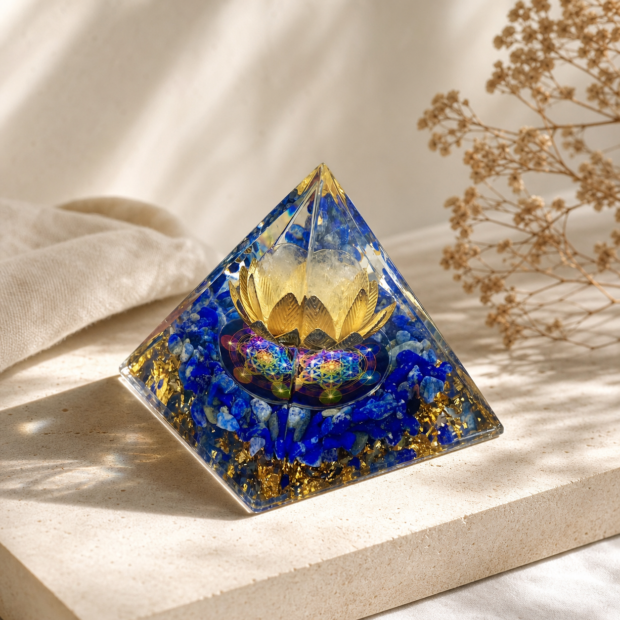 Pyramide Orgonite Fleur de Lotus - Lapis-Lazuli — vue en situation