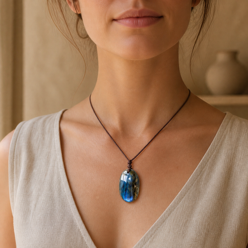 Collier Labradorite Naturelle, Galet Poli sur Cordon — bijou porté