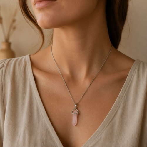 Pendentif Pointe - Quartz Rose — bijou porté