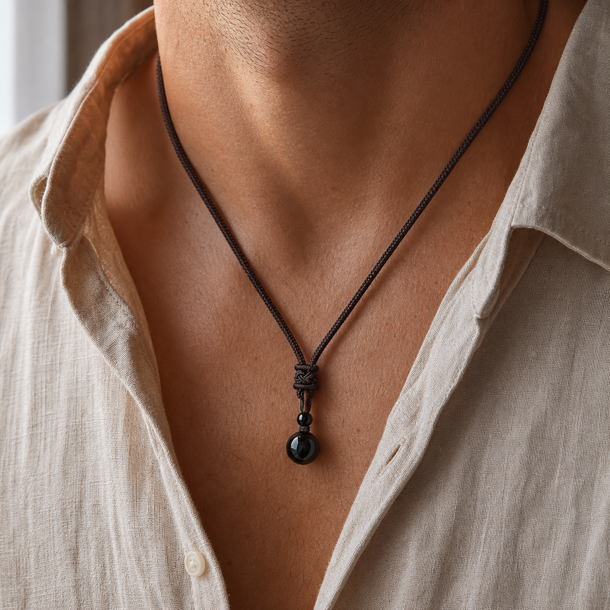 Collier Homme Obsidienne Noire — Pierre 16 mm sur Cordon Tressé — vue en situation