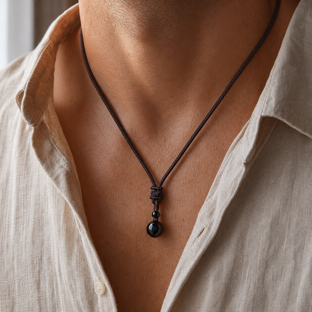Collier Homme Obsidienne Noire — Pierre 16 mm sur Cordon Tressé — vue en situation