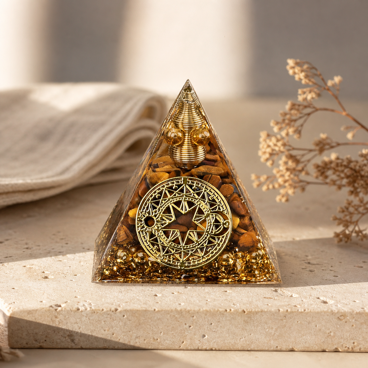 Pyramide Orgonite Arbre de Vie - Oeil de Tigre — vue en situation