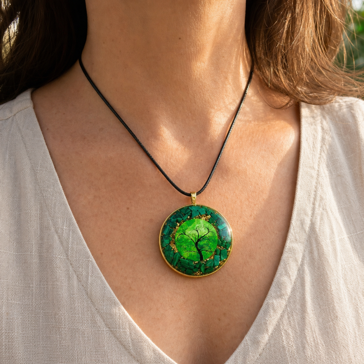 Pendentif Orgonite Arbre de Vie - Chakra Vert — vue en situation