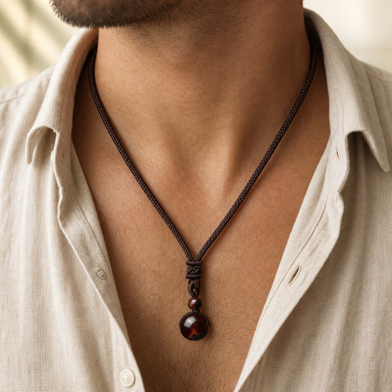 Collier Homme Œil de Taureau — Pierre 16 mm sur Cordon Tressé — vue en situation