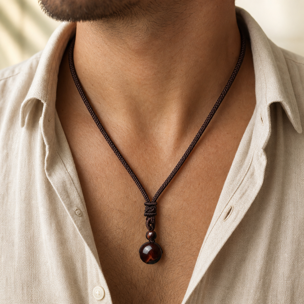 Collier Homme Œil de Taureau — Pierre 16 mm sur Cordon Tressé — vue en situation