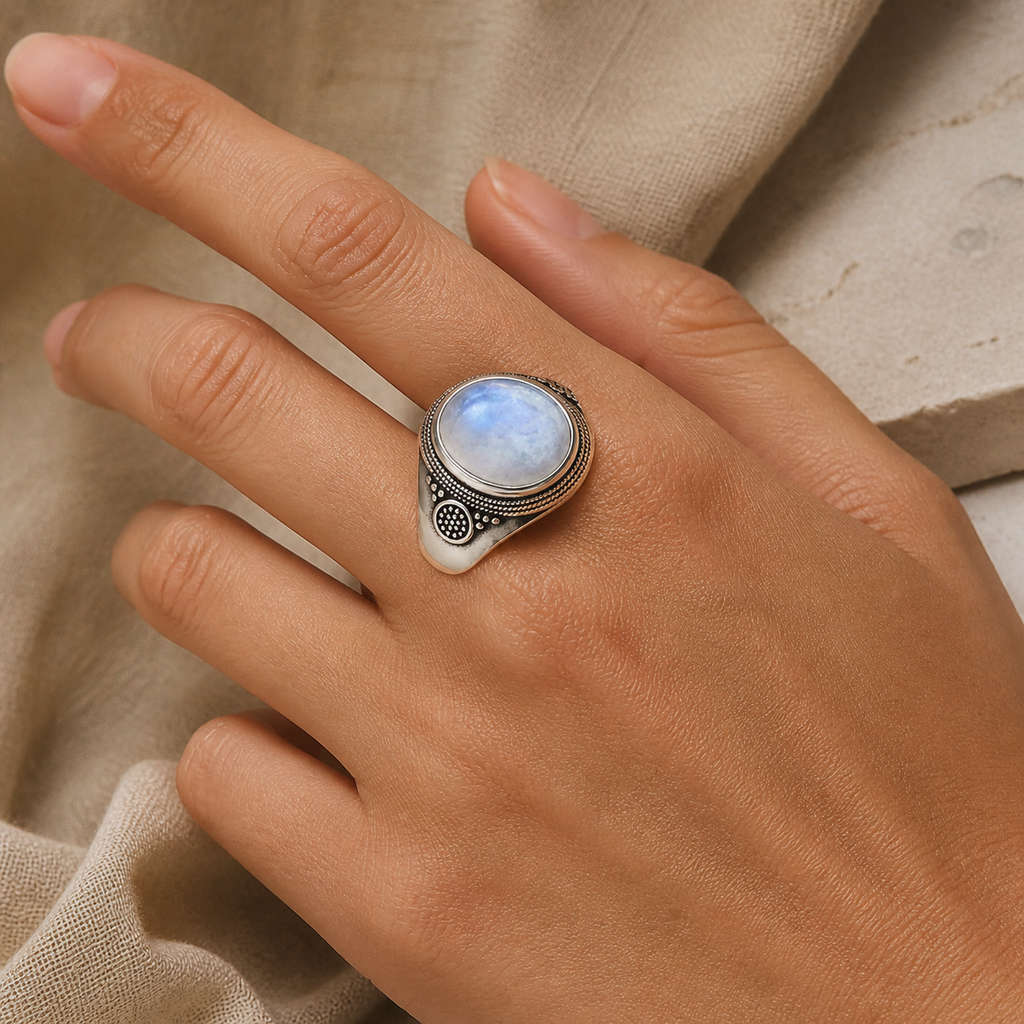 Grosse Bague Pierre de Lune Ovale 10x14 mm, Rétro Argentée — bague portée