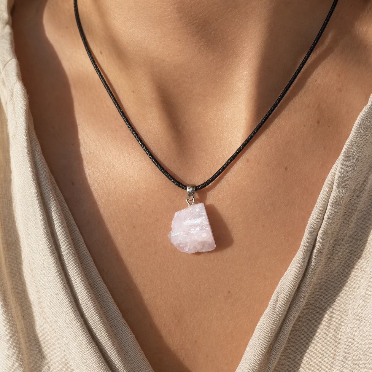 Pendentif Pierre Brute - Quartz Rose — vue en situation