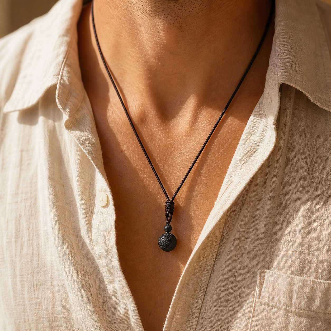 Collier Homme Pierre de Lave — Pierre 16 mm sur Cordon Tressé — vue en situation