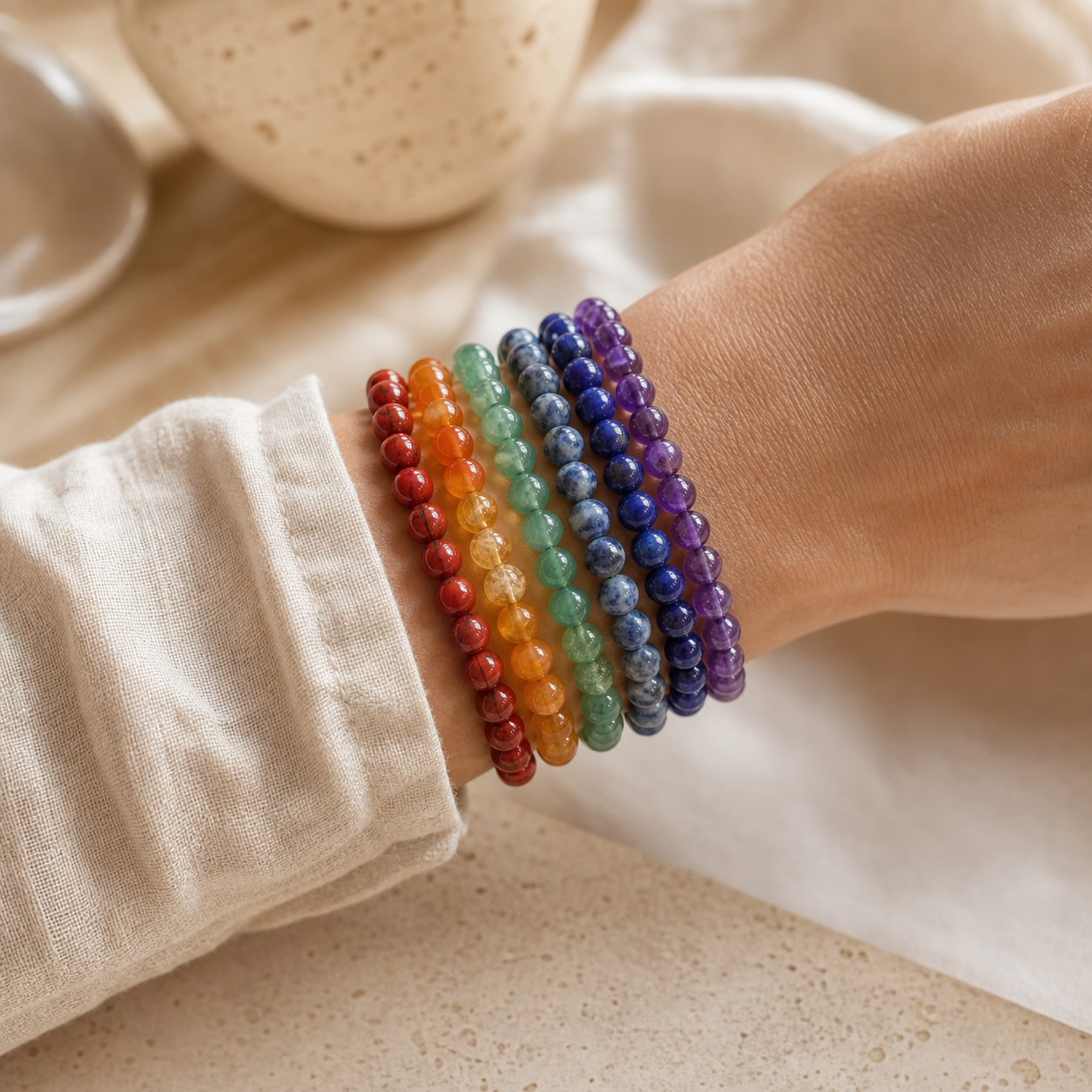 Kit 7 Chakras - 7 Bracelets Pierres Naturelles — vue en situation