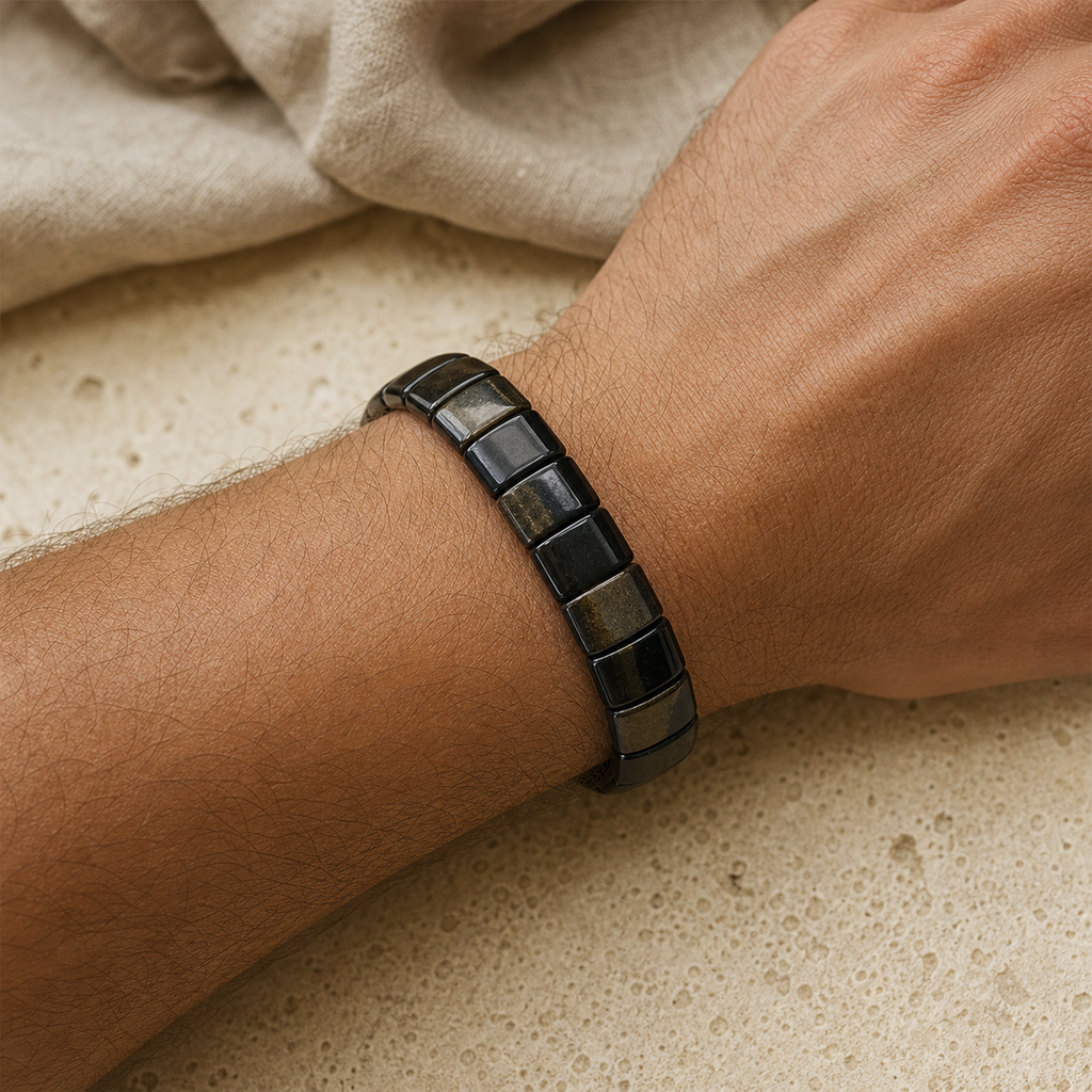 Bracelet Homme Obsidienne Dorée — Perles Plates 10 mm — vue en situation