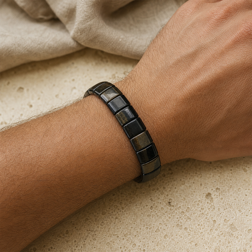 Bracelet Homme Obsidienne Dorée — Perles Plates 10 mm — vue en situation