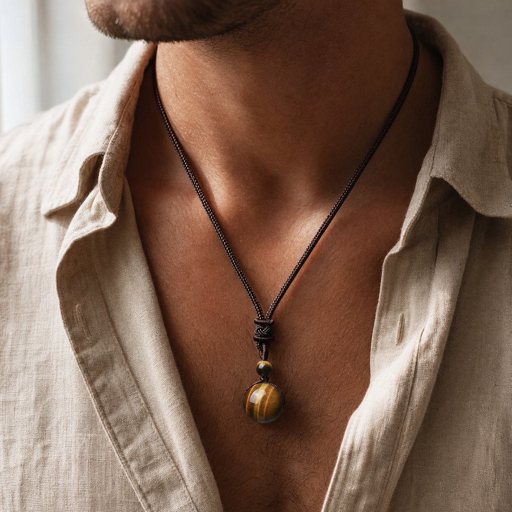 Collier Homme Œil de Tigre — Pierre 16 mm sur Cordon Tressé — vue en situation