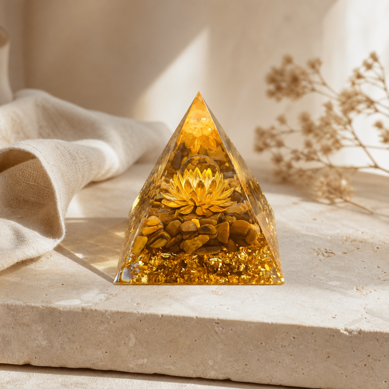 Pyramide Orgonite Fleur de Lotus - Oeil de Tigre — vue en situation