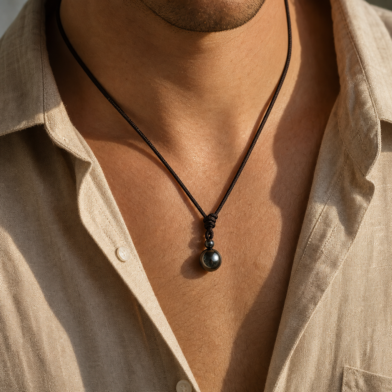 Collier Homme Hématite — Pierre 16 mm sur Cordon Tressé — vue en situation