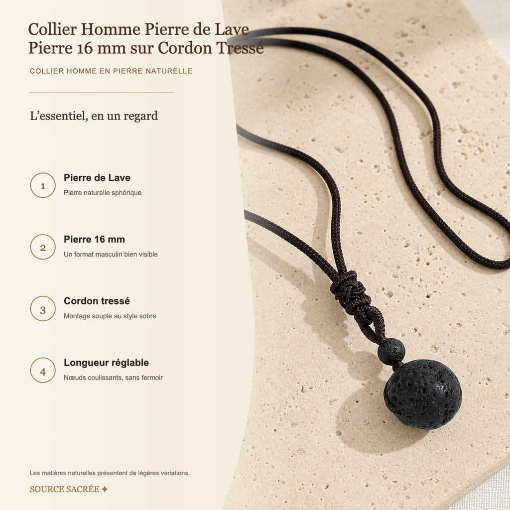 Collier Homme Pierre de Lave — Pierre 16 mm sur Cordon Tressé — fiche descriptive