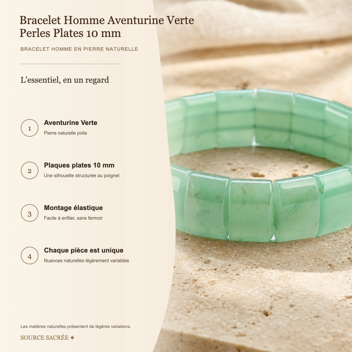 Bracelet Homme Aventurine Verte — Perles Plates 10 mm — fiche descriptive