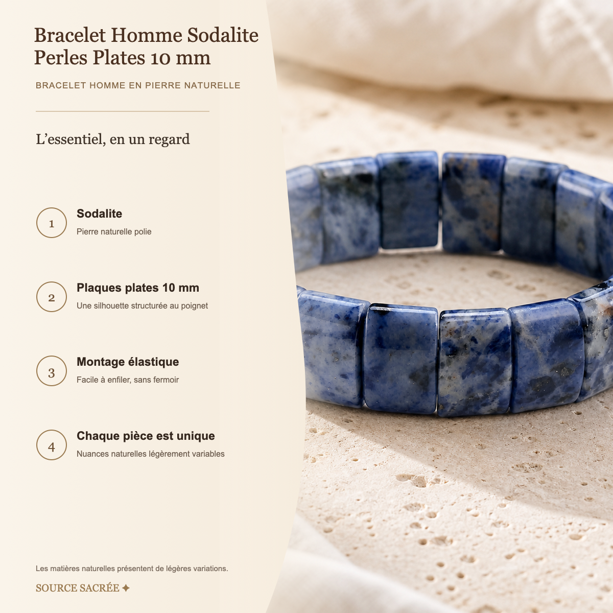 Bracelet Homme Sodalite — Perles Plates 10 mm — fiche descriptive