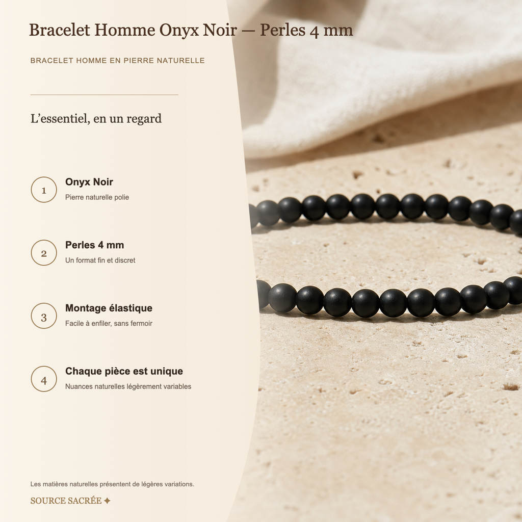 Bracelet Homme Onyx Noir — Perles 4 mm — fiche descriptive