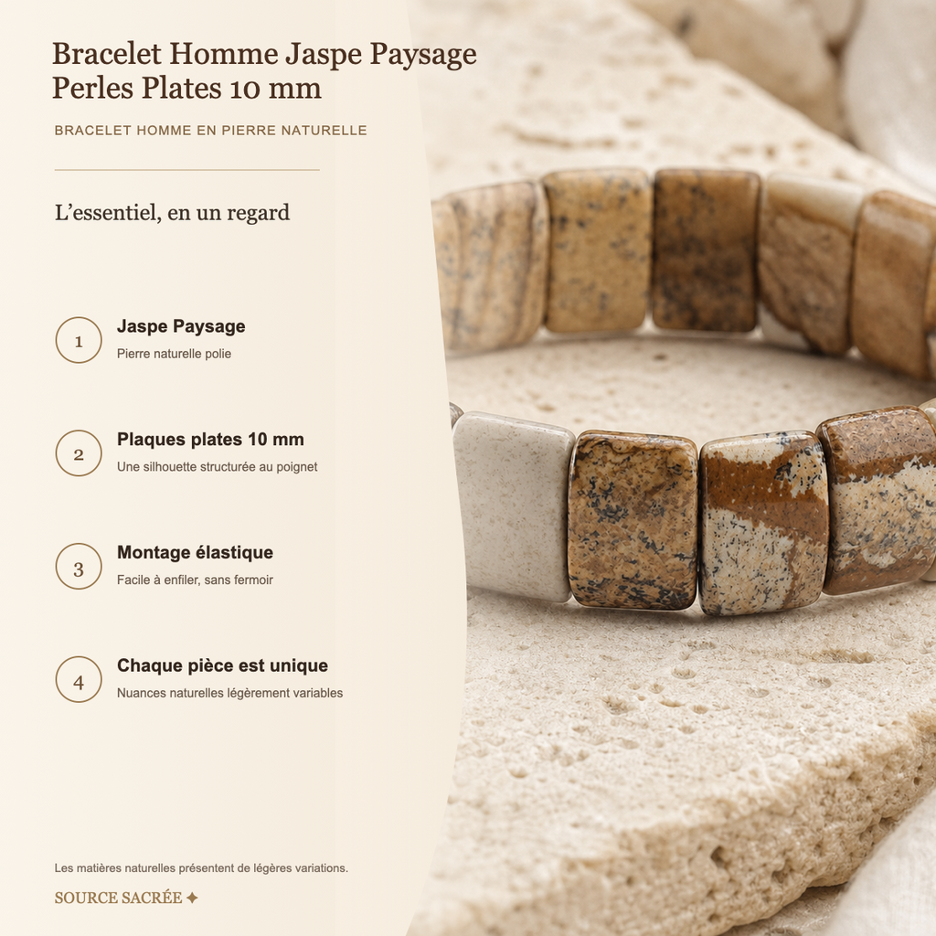Bracelet Homme Jaspe Paysage — Perles Plates 10 mm — fiche descriptive