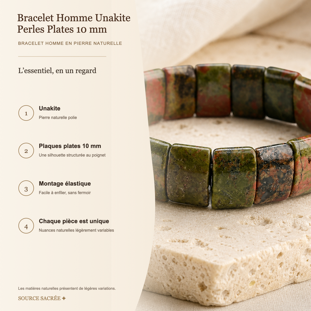 Bracelet Homme Unakite — Perles Plates 10 mm — fiche descriptive