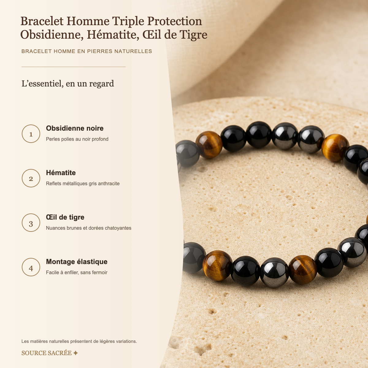 Bracelet Homme Triple Protection — Obsidienne, Hématite, Œil de Tigre — fiche descriptive