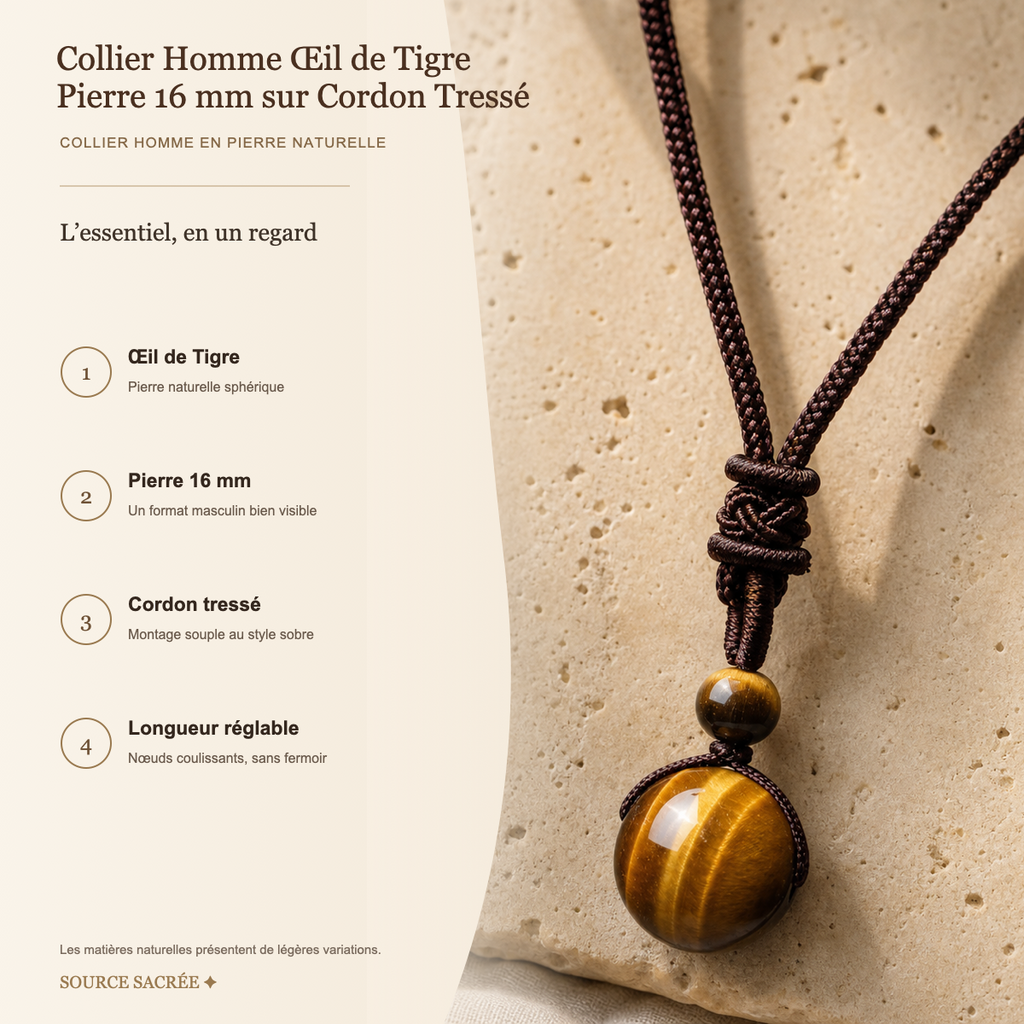 Collier Homme Œil de Tigre — Pierre 16 mm sur Cordon Tressé — fiche descriptive