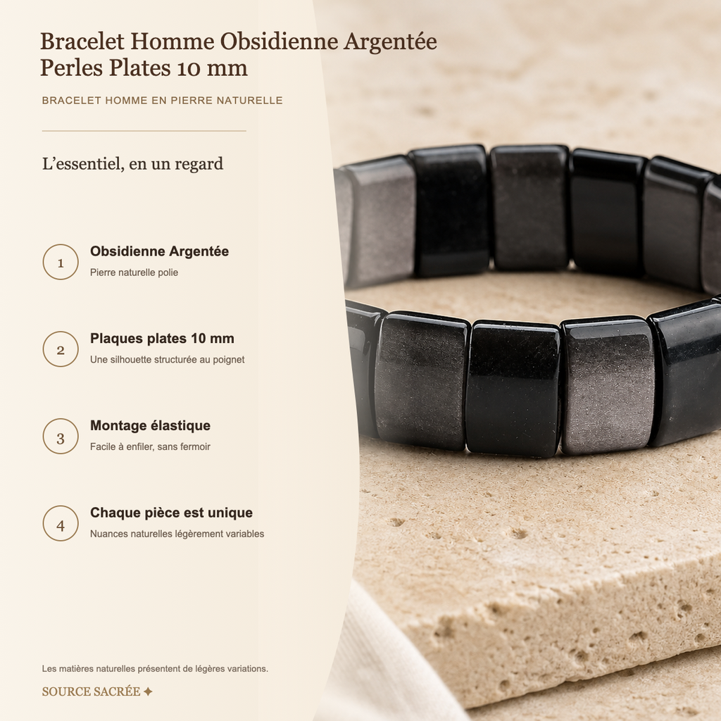 Bracelet Homme Obsidienne Argentée — Perles Plates 10 mm — fiche descriptive