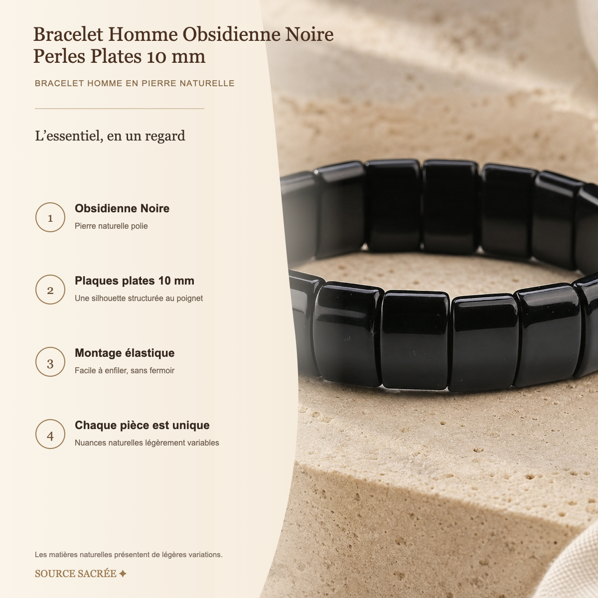Bracelet Homme Obsidienne Noire — Perles Plates 10 mm — fiche descriptive
