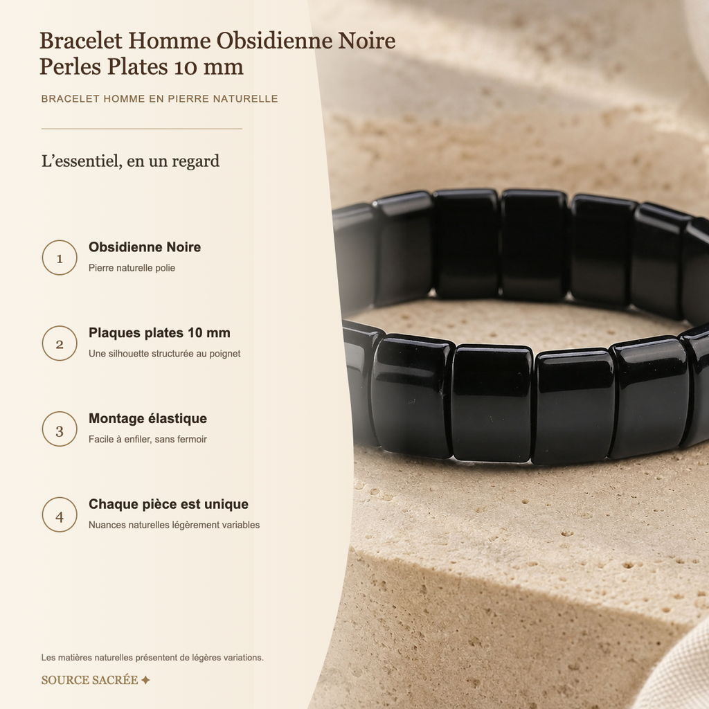 Bracelet Homme Obsidienne Noire — Perles Plates 10 mm — fiche descriptive