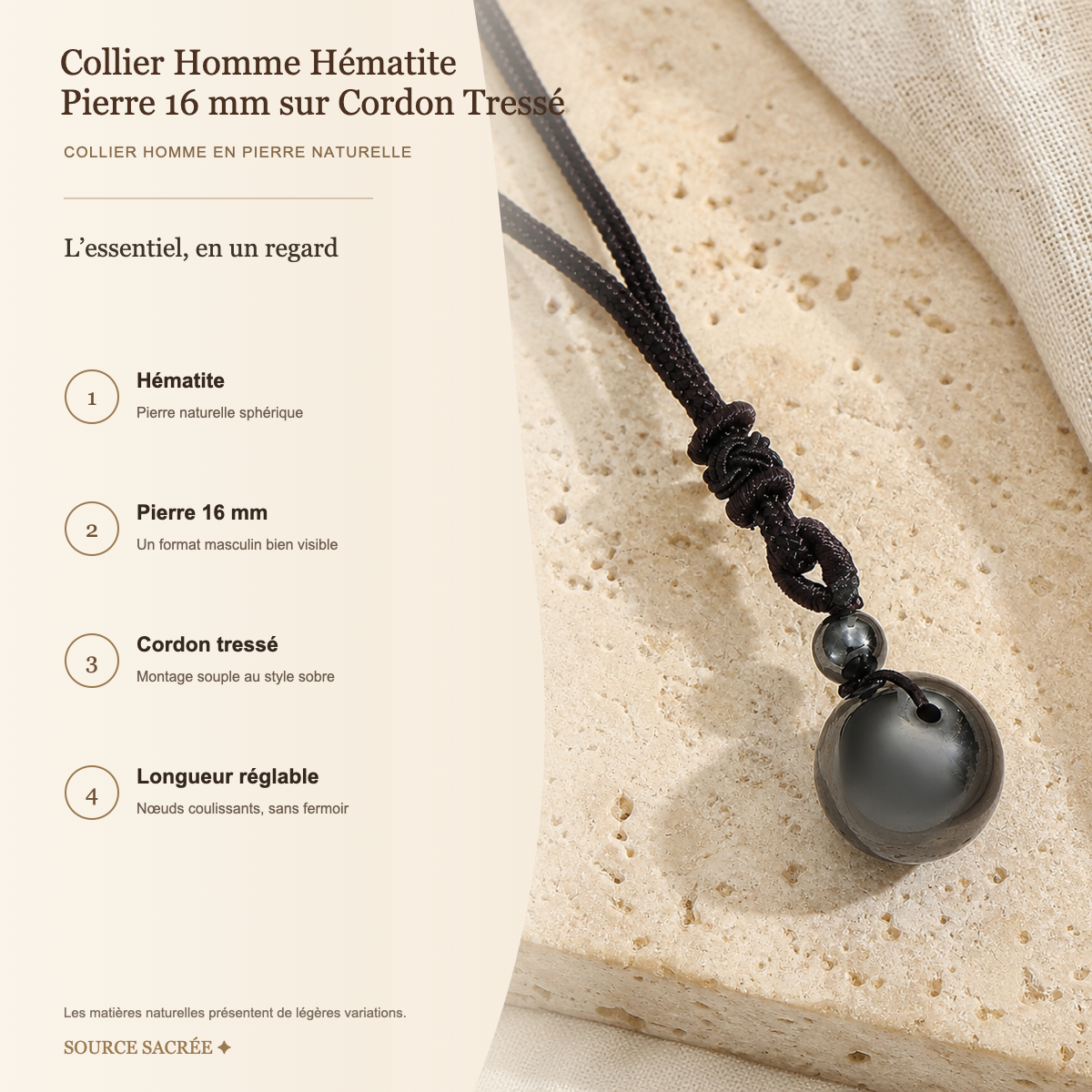 Collier Homme Hématite — Pierre 16 mm sur Cordon Tressé — fiche descriptive