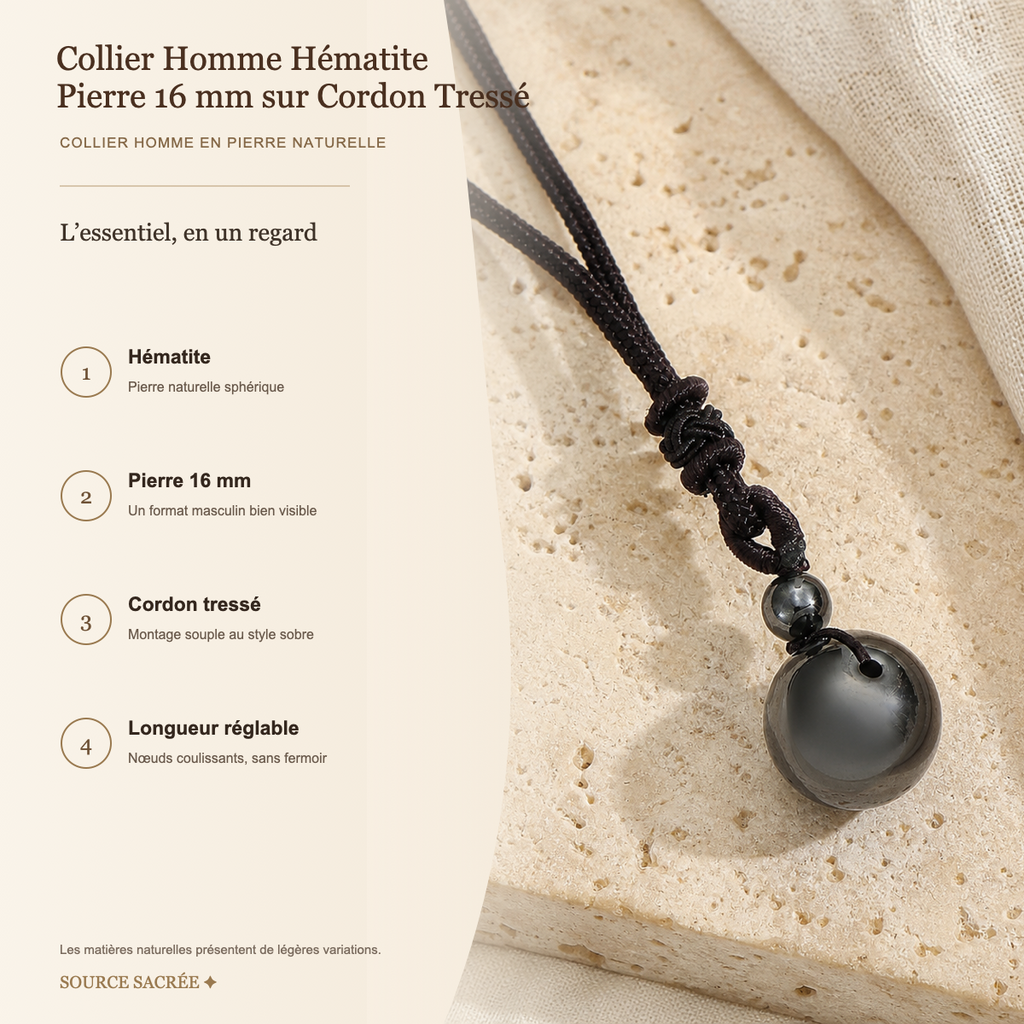 Collier Homme Hématite — Pierre 16 mm sur Cordon Tressé — fiche descriptive