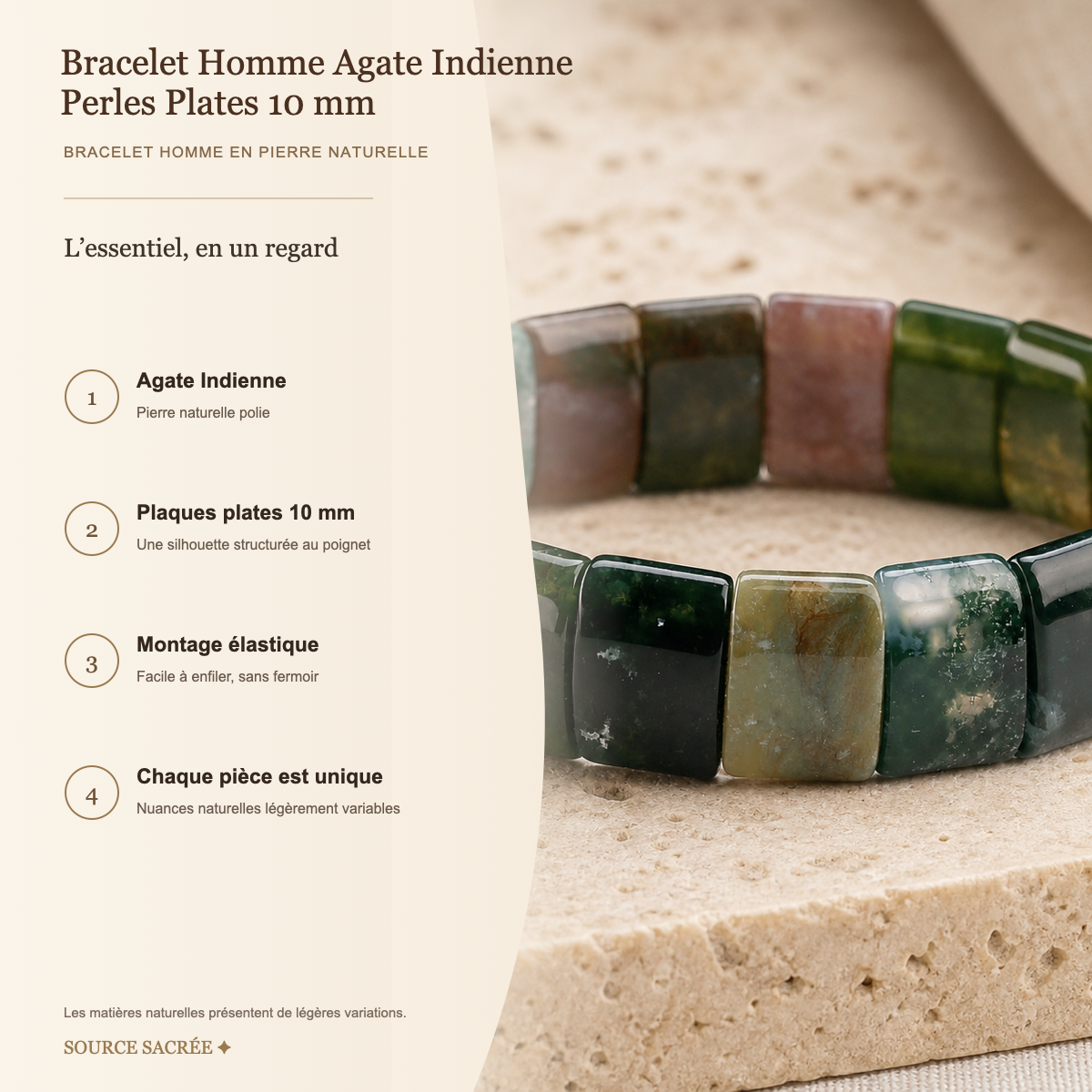 Bracelet Homme Agate Indienne — Perles Plates 10 mm — fiche descriptive