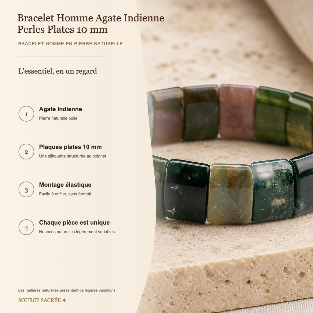 Bracelet Homme Agate Indienne — Perles Plates 10 mm — fiche descriptive