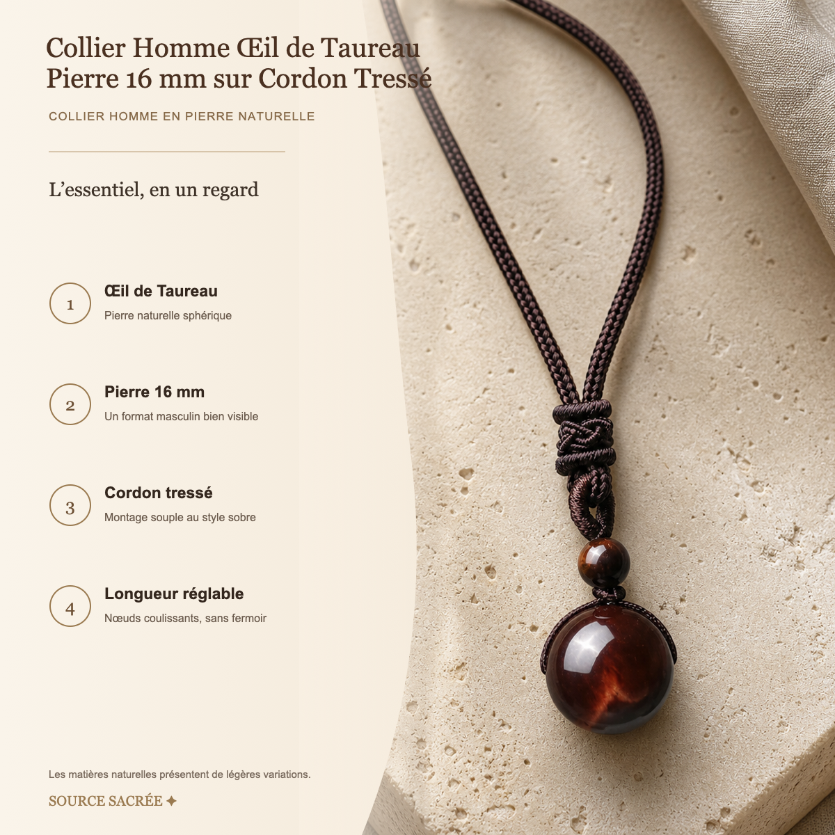 Collier Homme Œil de Taureau — Pierre 16 mm sur Cordon Tressé — fiche descriptive