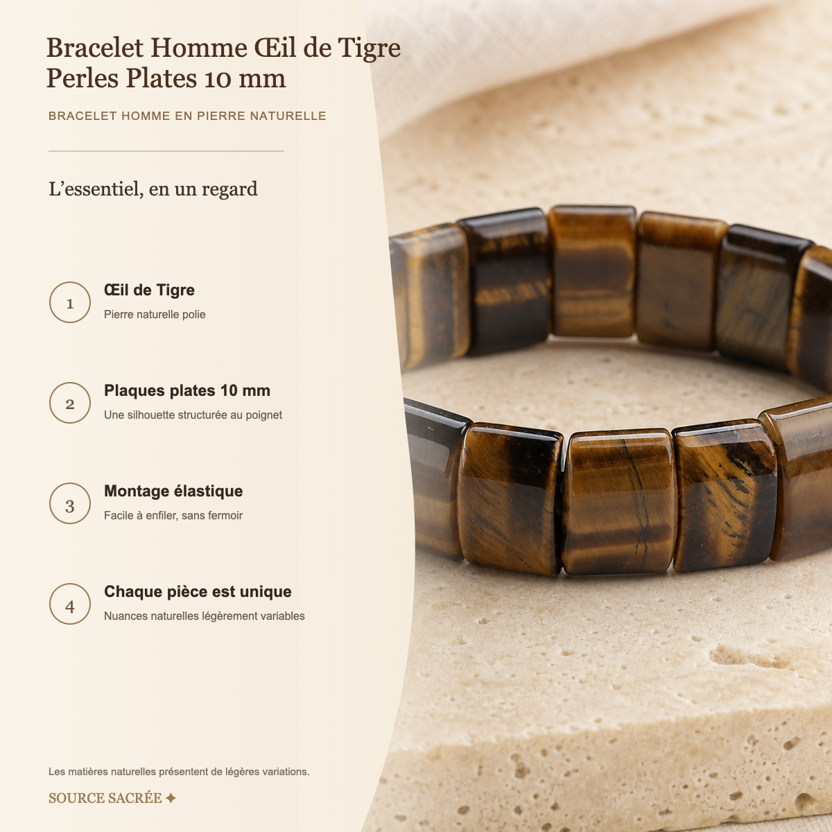Bracelet Homme Œil de Tigre — Perles Plates 10 mm — fiche descriptive