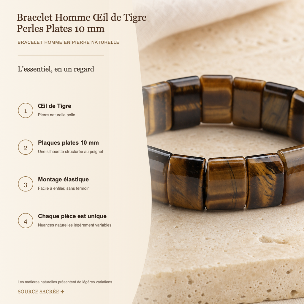 Bracelet Homme Œil de Tigre — Perles Plates 10 mm — fiche descriptive