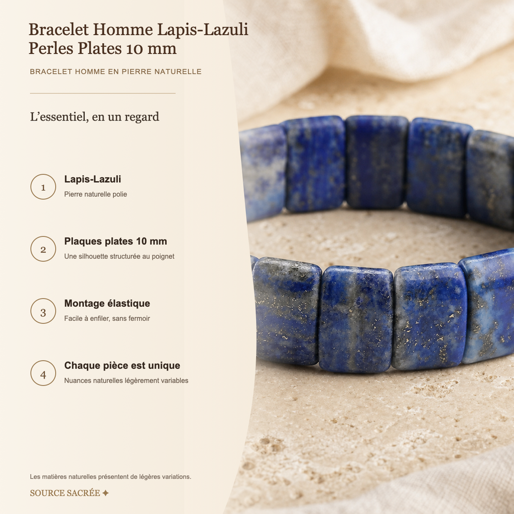Bracelet Homme Lapis-Lazuli — Perles Plates 10 mm — fiche descriptive