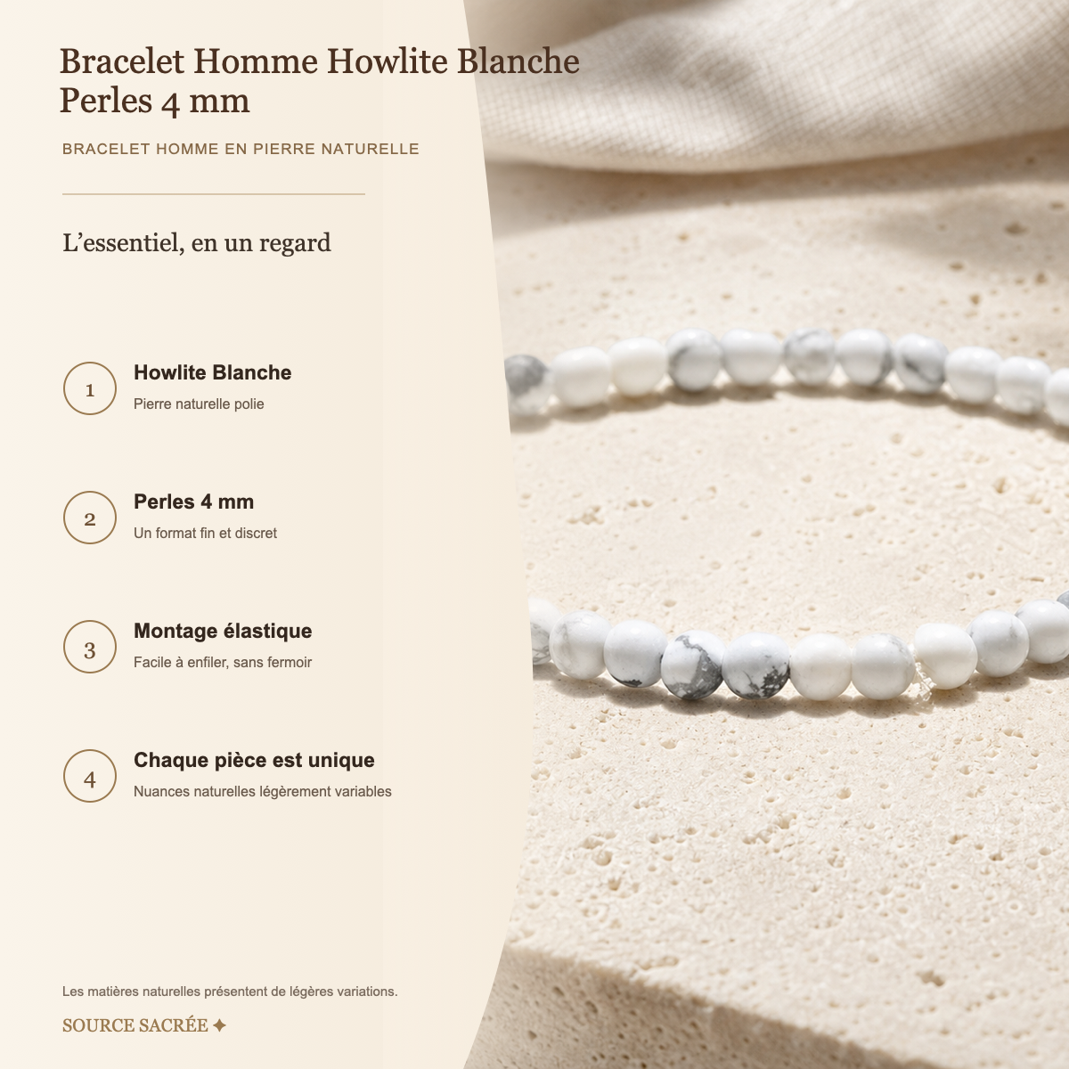 Bracelet Homme Howlite Blanche — Perles 4 mm — fiche descriptive