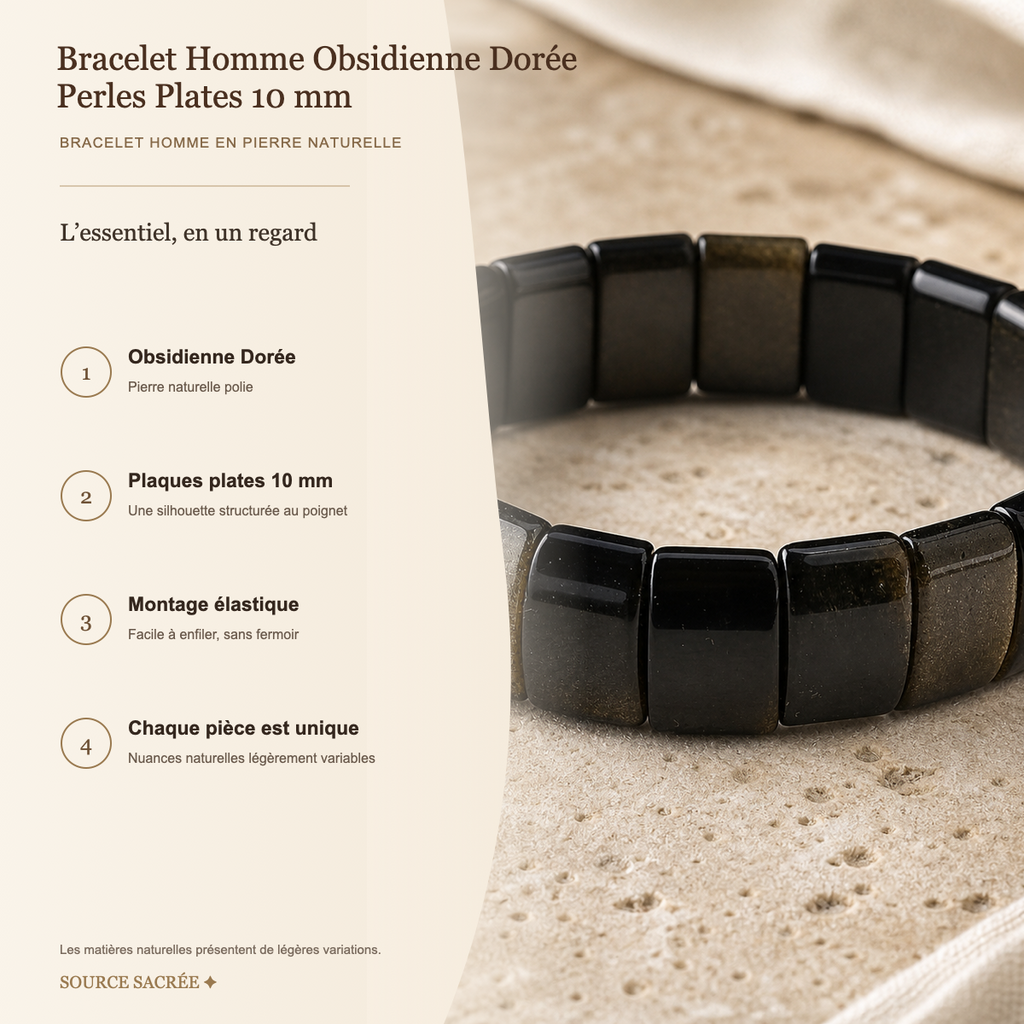Bracelet Homme Obsidienne Dorée — Perles Plates 10 mm — fiche descriptive