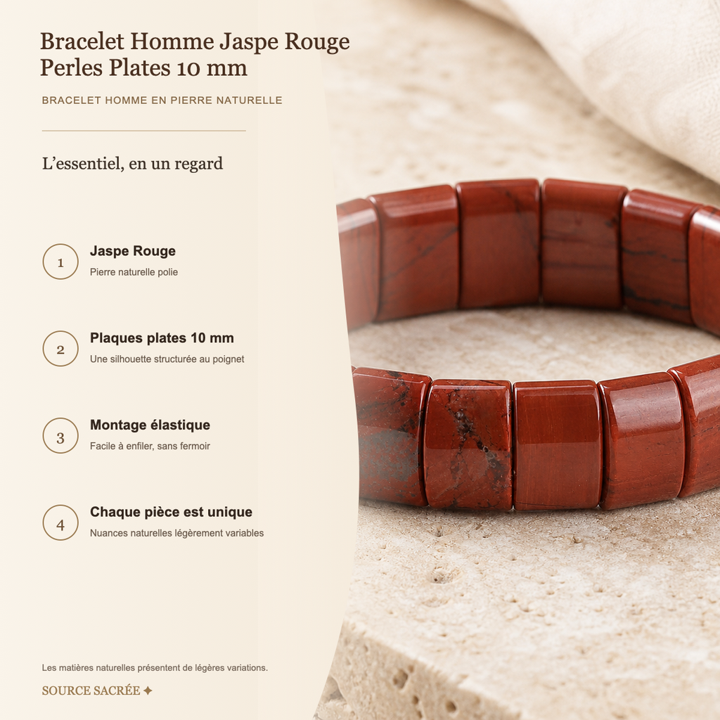 Bracelet Homme Jaspe Rouge — Perles Plates 10 mm — fiche descriptive