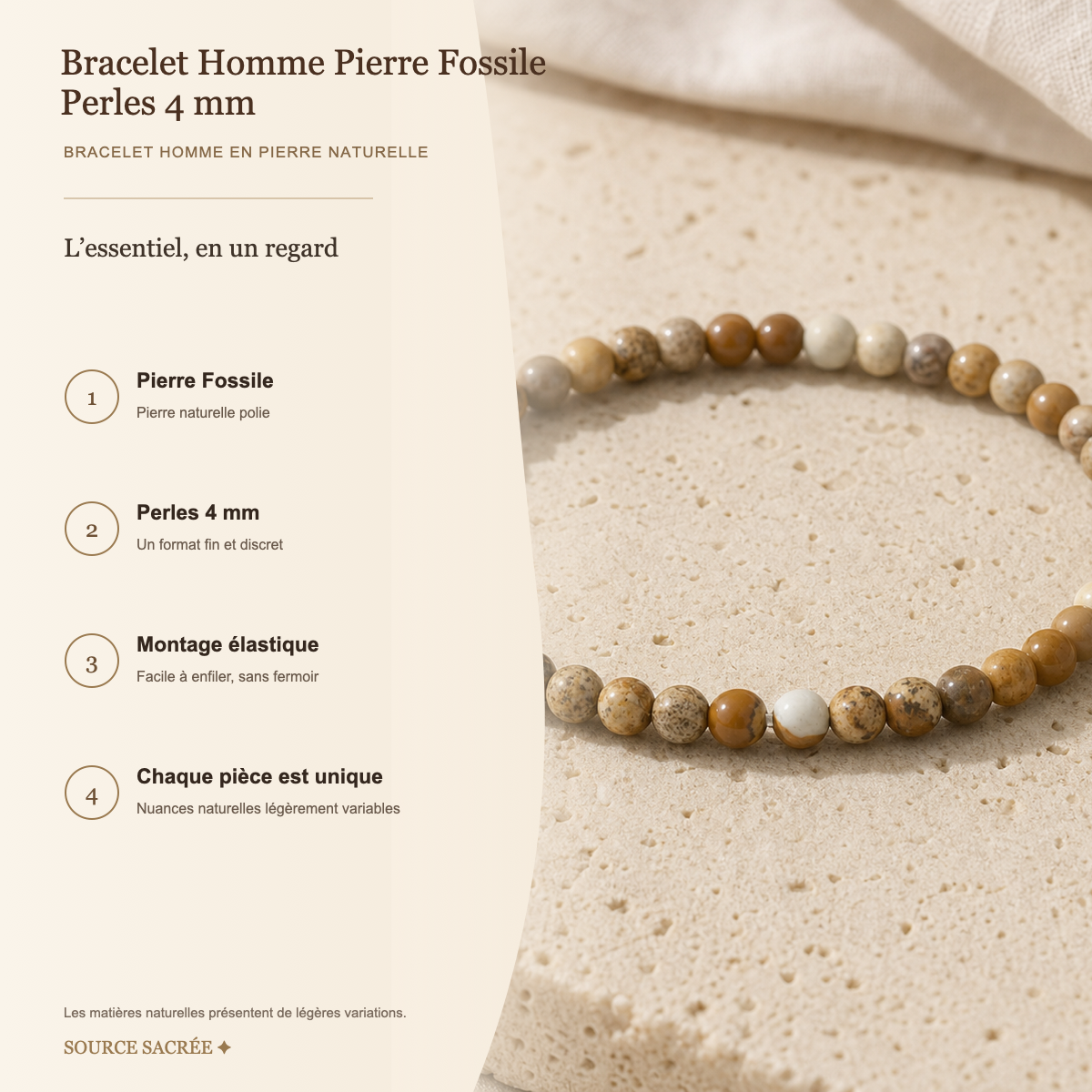 Bracelet Homme Pierre Fossile — Perles 4 mm — fiche descriptive