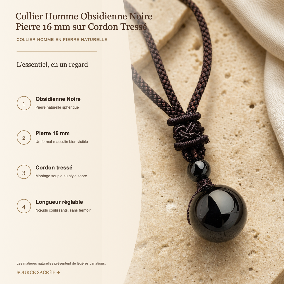 Collier Homme Obsidienne Noire — Pierre 16 mm sur Cordon Tressé — fiche descriptive