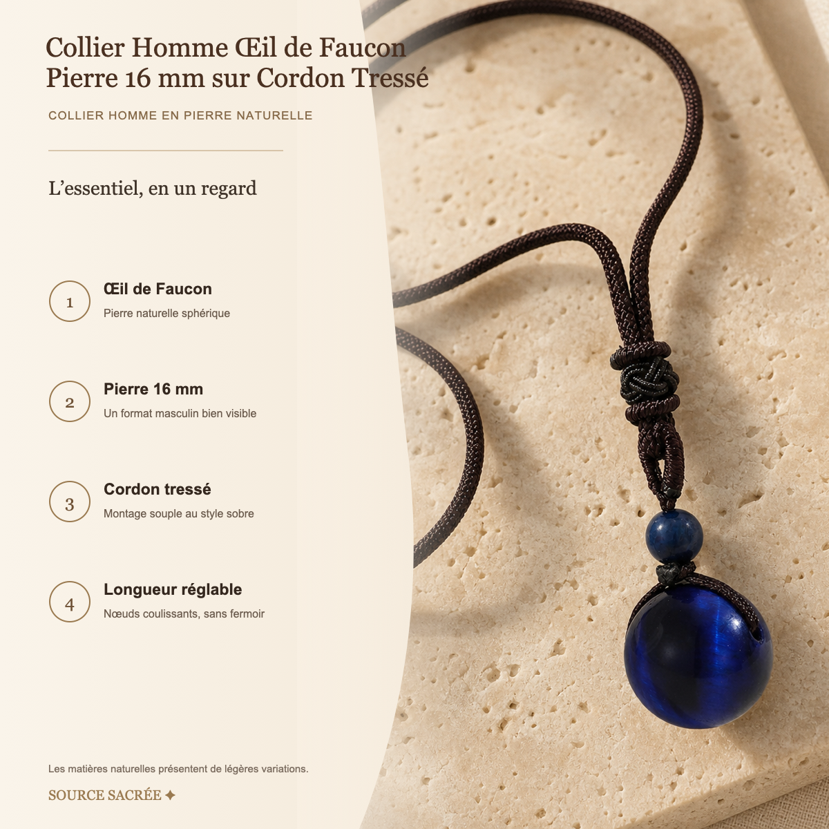 Collier Homme Œil de Faucon — Pierre 16 mm sur Cordon Tressé — fiche descriptive