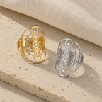 Bague Cube de Métatron ajourée en acier, géométrie sacrée — vue macro ou variantes