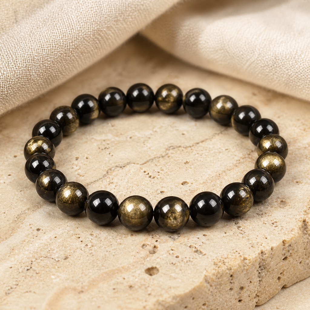 Bracelet Obsidienne Dorée 8 mm, Perles Naturelles Dorées — détail matière et finition
