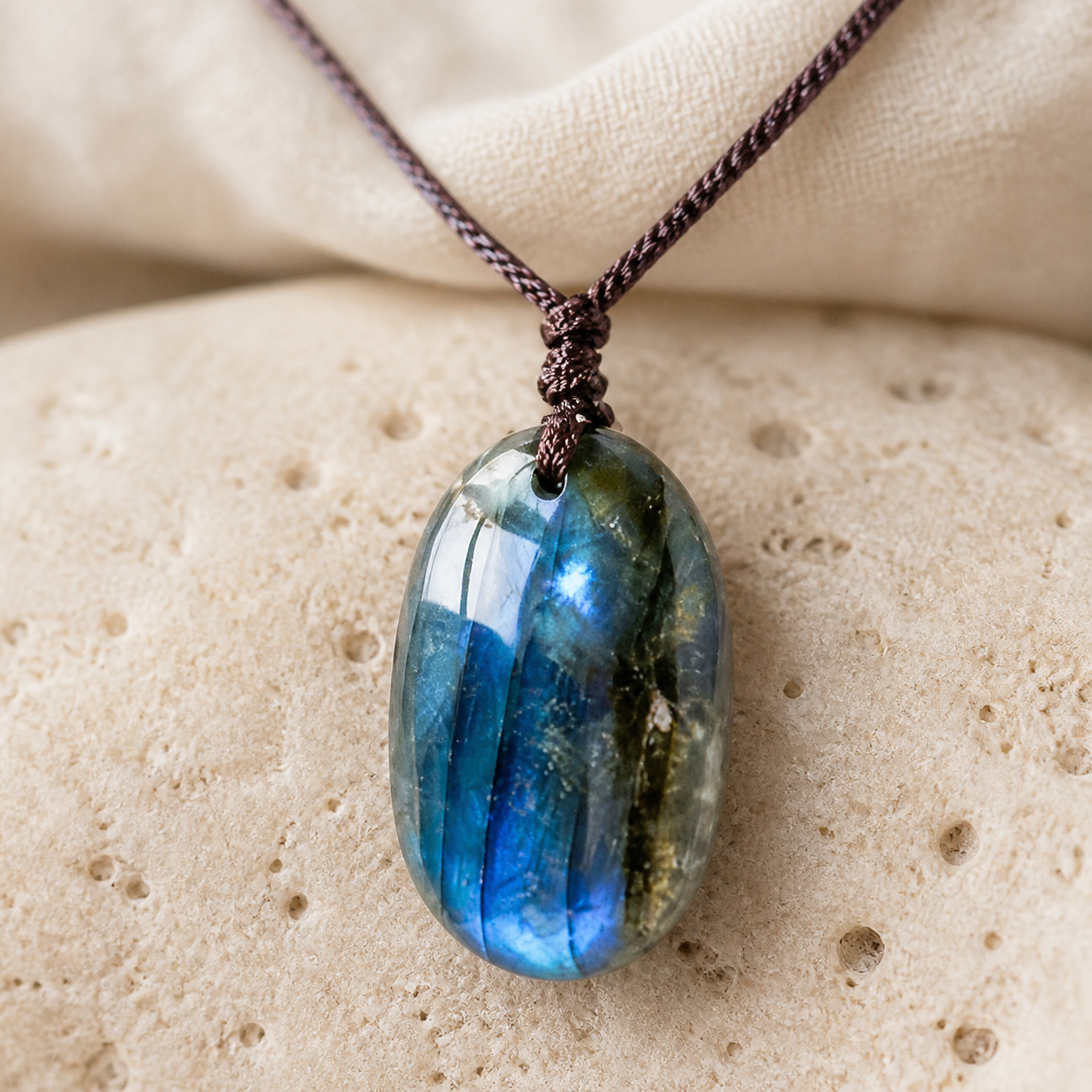 Collier Labradorite Naturelle, Galet Poli sur Cordon — détail matière et finition