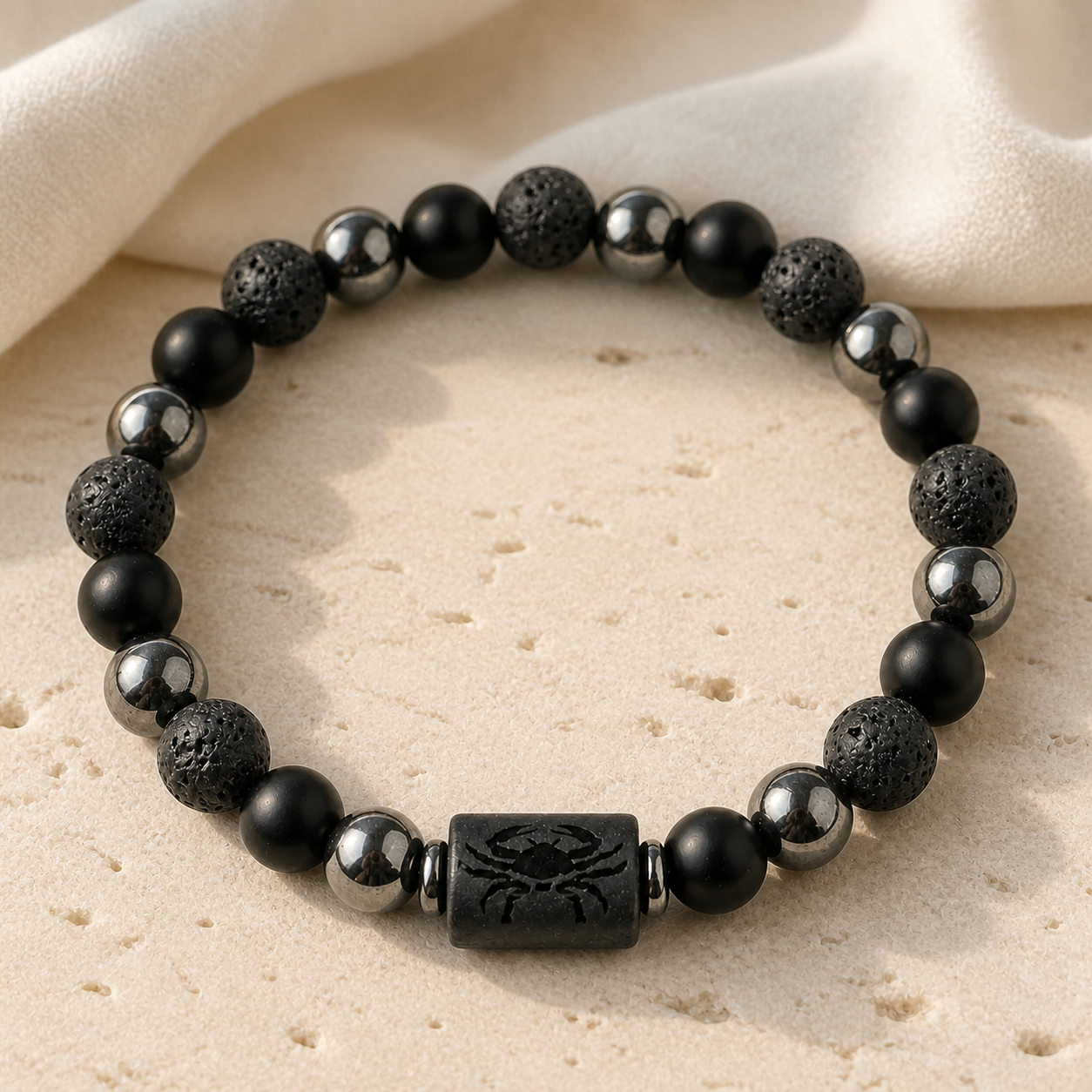 Bracelet Signe Astrologique Cancer — Lave, Hématite et Onyx — détail matière et finition