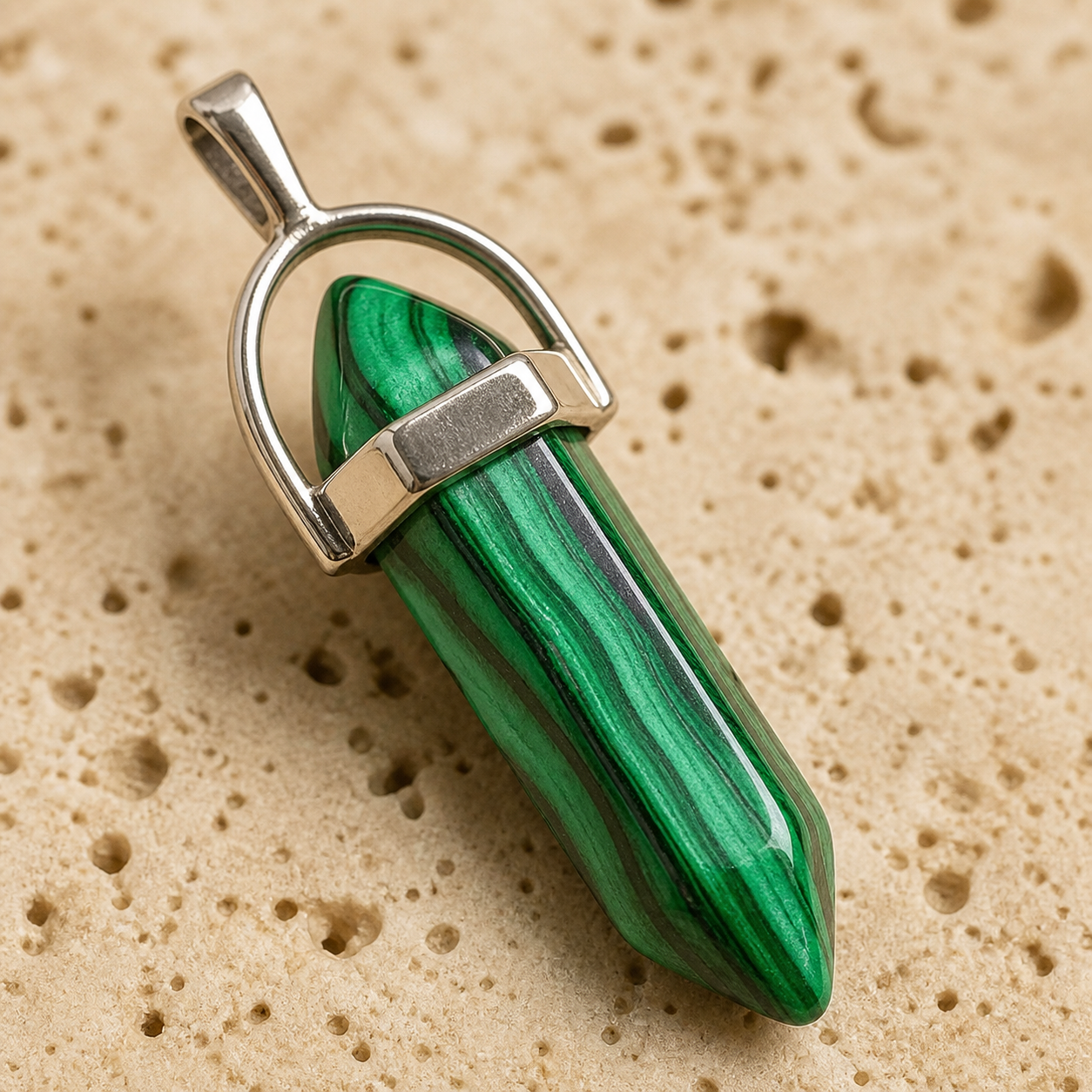 Pendentif Pointe - Malachite — détail de la pierre et du sertissage