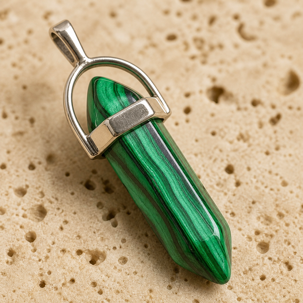 Pendentif Pointe - Malachite — détail de la pierre et du sertissage
